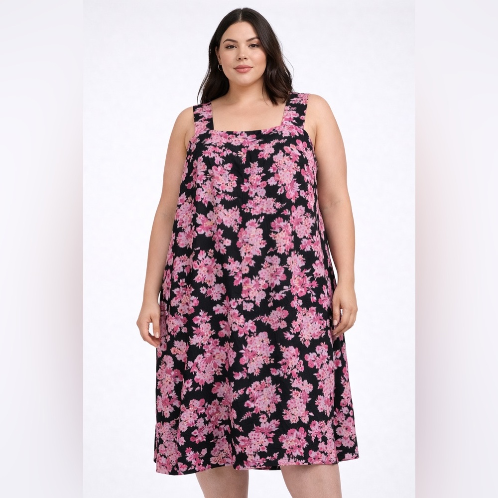 Woman Within Black & Pink Floral Midi Dress